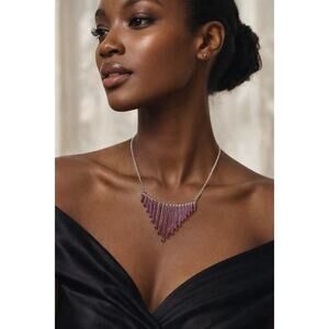 Vintage Swarovski Crystal Fringe Necklace Silver Tone Pink – $78